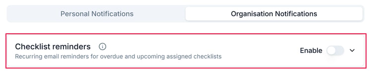 The Organisation Notifications tab with the Checklist reminders row, reading Recurring email reminders for overdue and upcoming assigned checklists, and an Enable switch turned off