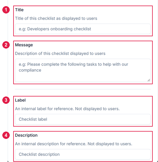 The Add checklist dialog with Title, Message, Label and Description fields numbered 1 to 4