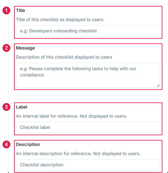 The Add checklist dialog with Title, Message, Label and Description fields numbered 1 to 4