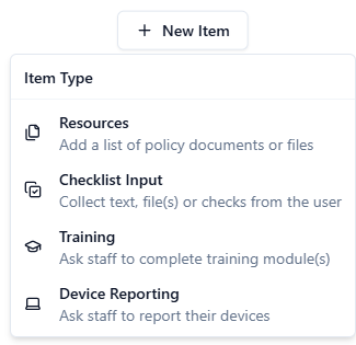 The New Item menu listing four item types: Resources, Checklist Input, Training and Device Reporting, each with a one-line description