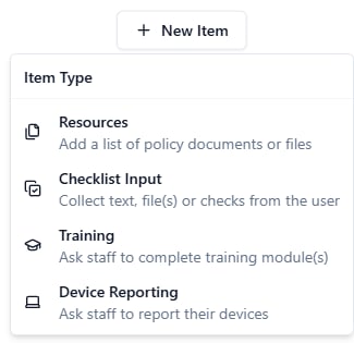 The New Item menu listing four item types: Resources, Checklist Input, Training and Device Reporting, each with a one-line description