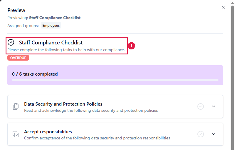 The checklist Preview for the Staff Compliance Checklist, showing the Title and Message at the top, a count of 0 of 6 tasks completed, and the first two items