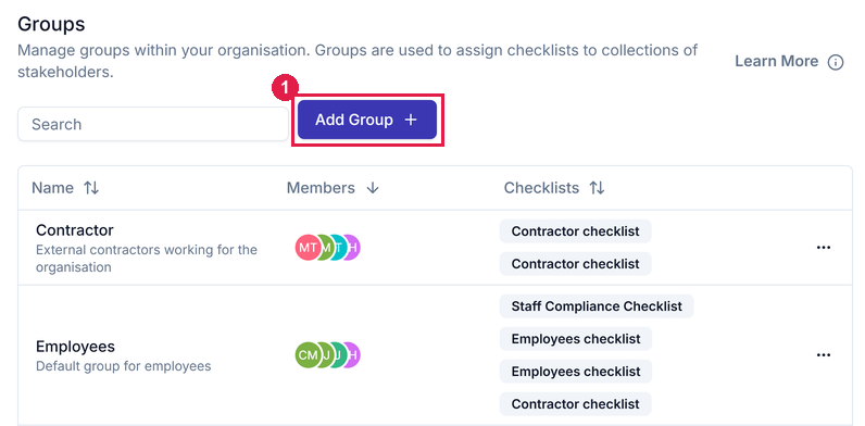 The Groups tab listing groups with their members and checklists, with the Add Group button highlighted