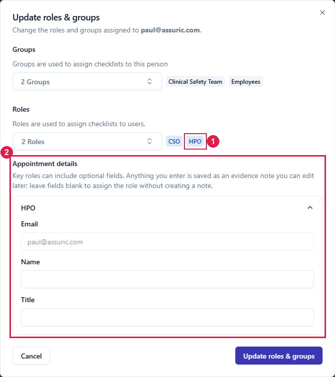 The Update roles and groups dialog with HPO added under Roles, and an Appointment details section below asking for Email, Name and Title