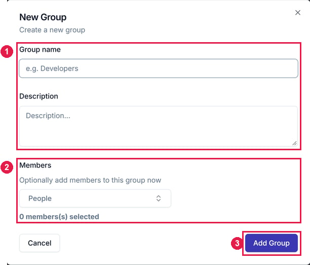 The New Group dialog with Group name, Description, an optional Members picker, and the Cancel and Add Group buttons