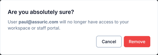 The Are you absolutely sure? dialog saying User paul@assuric.com will no longer have access to your workspace or staff portal, with Cancel and Remove buttons