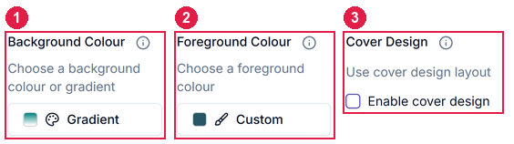 The Edit details form with Background Colour, Foreground Colour and Enable cover design numbered 1 to 3