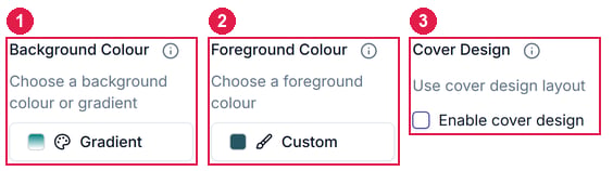 The Edit details form with Background Colour, Foreground Colour and Enable cover design numbered 1 to 3
