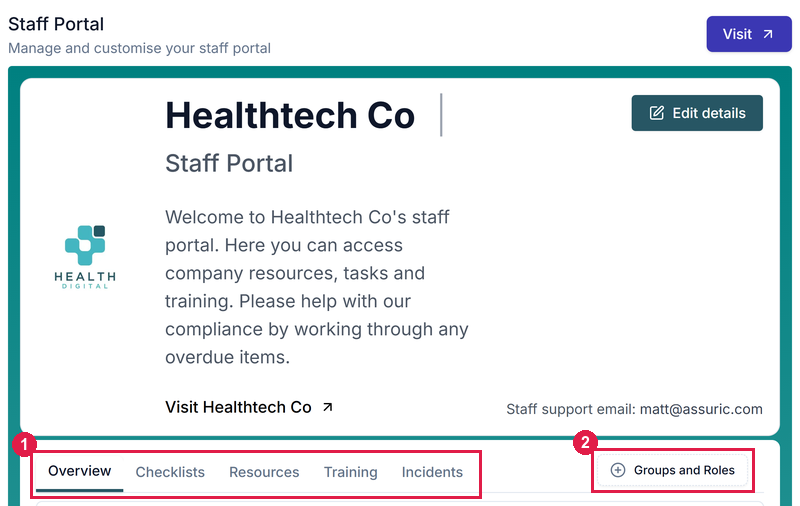 The Staff Portal screen with the portal's welcome message, Edit details and staff support email, above the Overview, Checklists, Resources, Training and Incidents tabs and the Groups and Roles control
