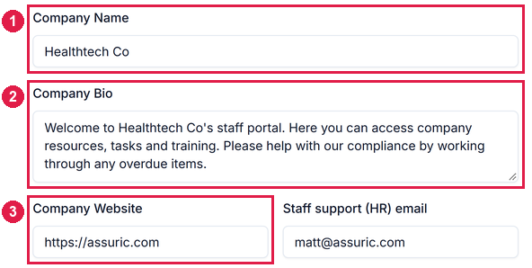The Edit details form with Company Name, Company Bio and Company Website numbered 1 to 3