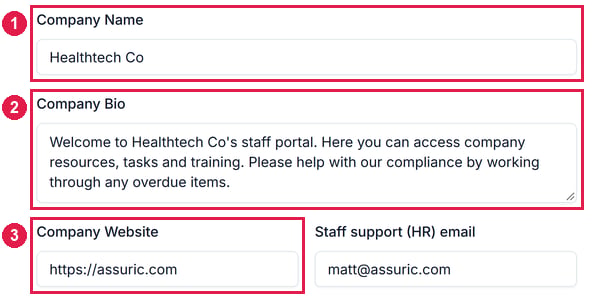 The Edit details form with Company Name, Company Bio and Company Website numbered 1 to 3