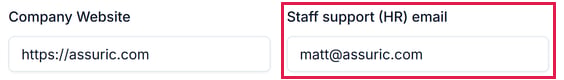 The Edit details form with the Staff support (HR) email field highlighted