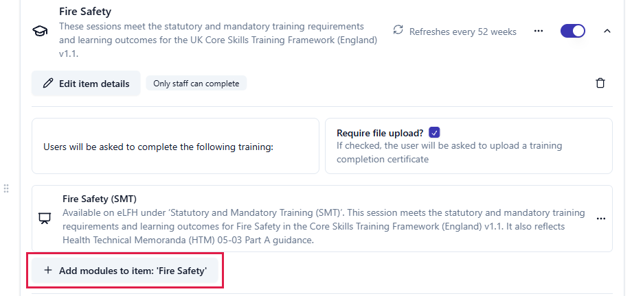 A Fire Safety checklist item expanded with the Add modules to item button highlighted