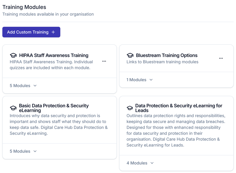 The Training Modules section showing built-in modules alongside custom ones added via Add Custom Training
