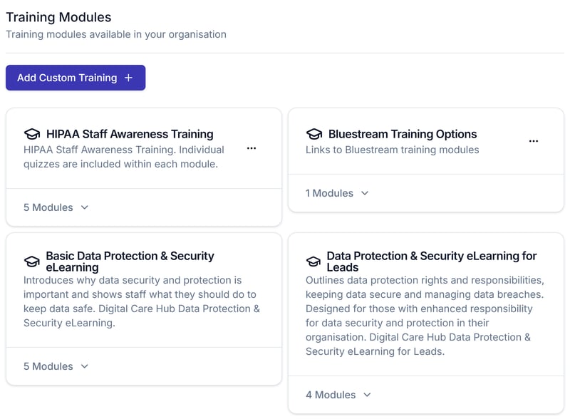 The Training Modules section showing built-in modules alongside custom ones added via Add Custom Training