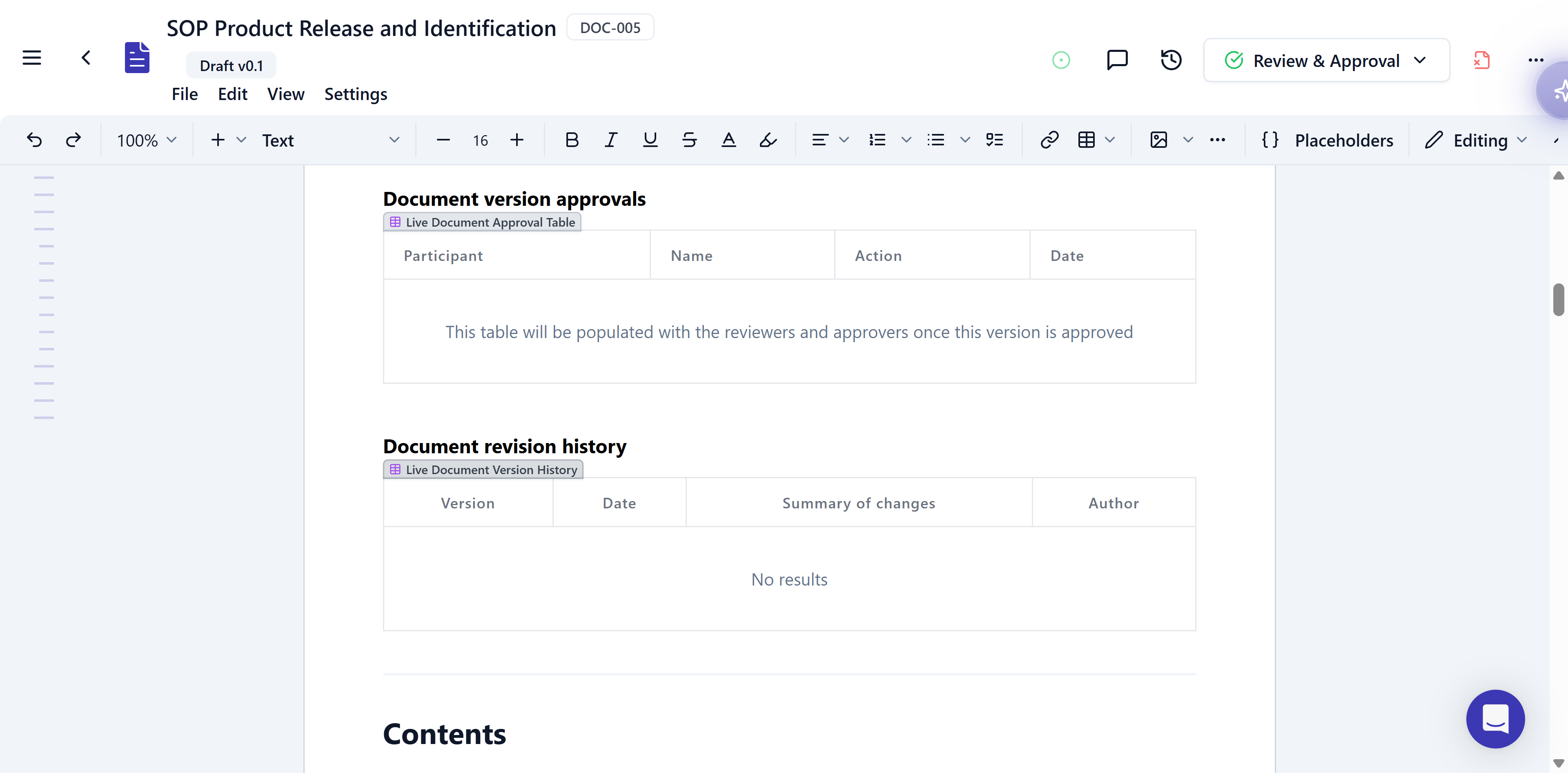 A document editor showing the Document version approvals and Document revision history sections, both built from live table placeholders and currently empty