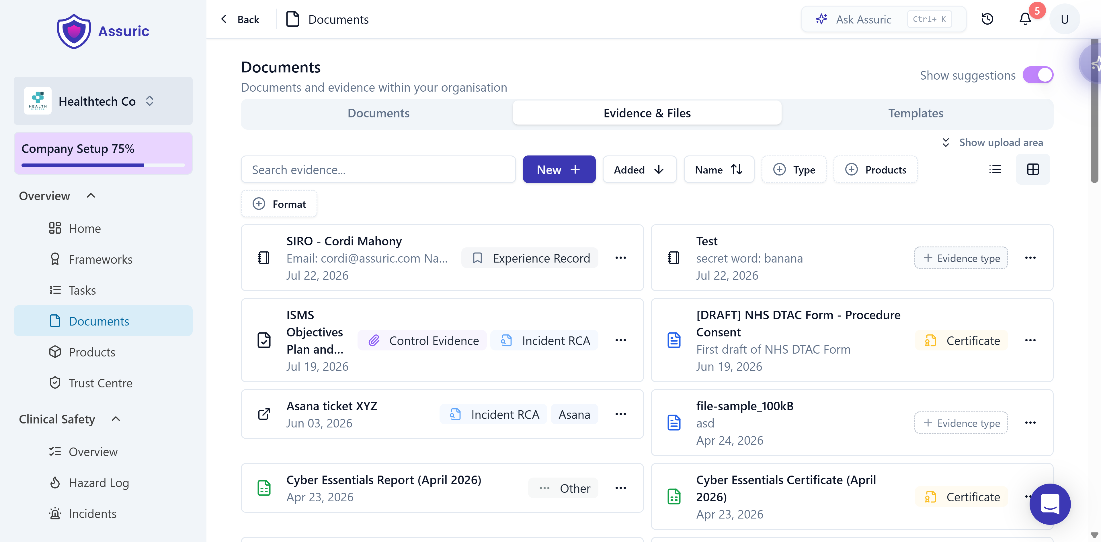 The Evidence and Files tab listing evidence items