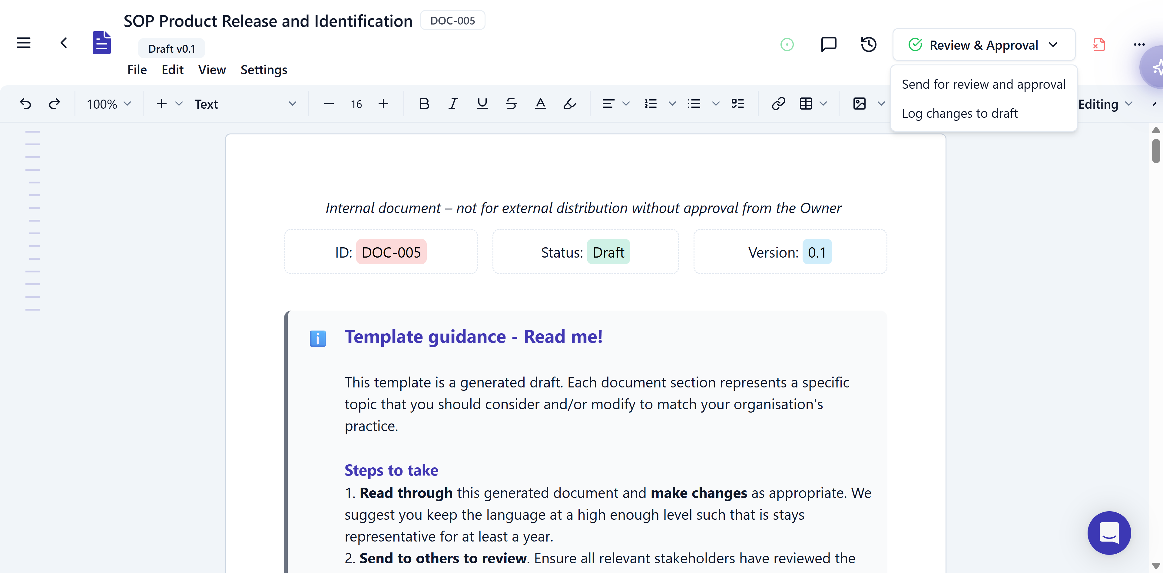 A document editor with the Review & Approval menu open, showing Send for review and approval and Log changes to draft
