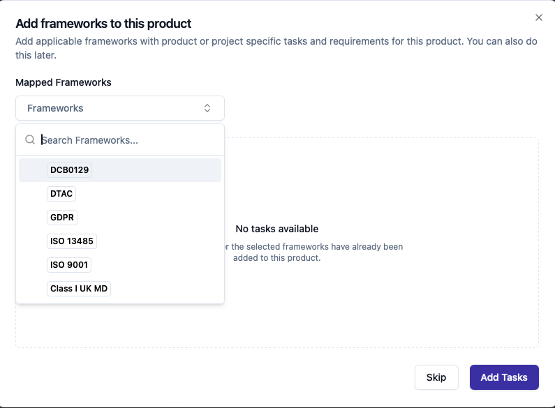 The framework search dropdown, listing available frameworks