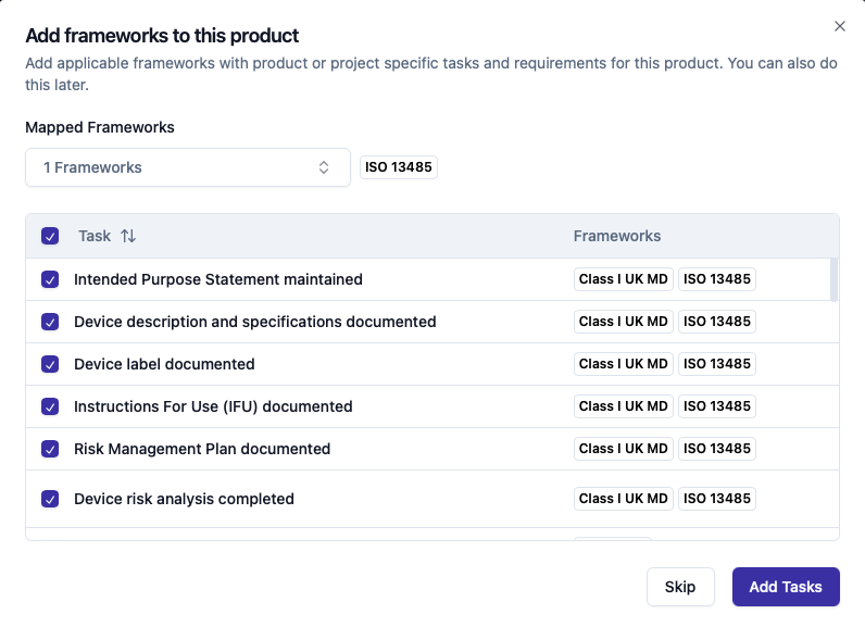 A framework selected, with its tasks already pulled in and checked