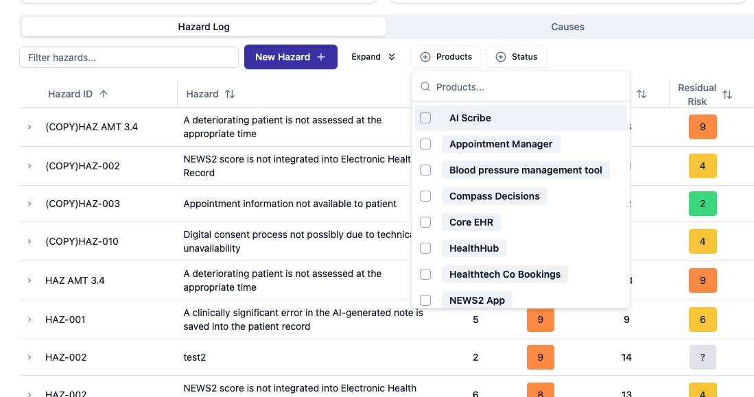 The hazard log's Products filter open, listing products to filter by