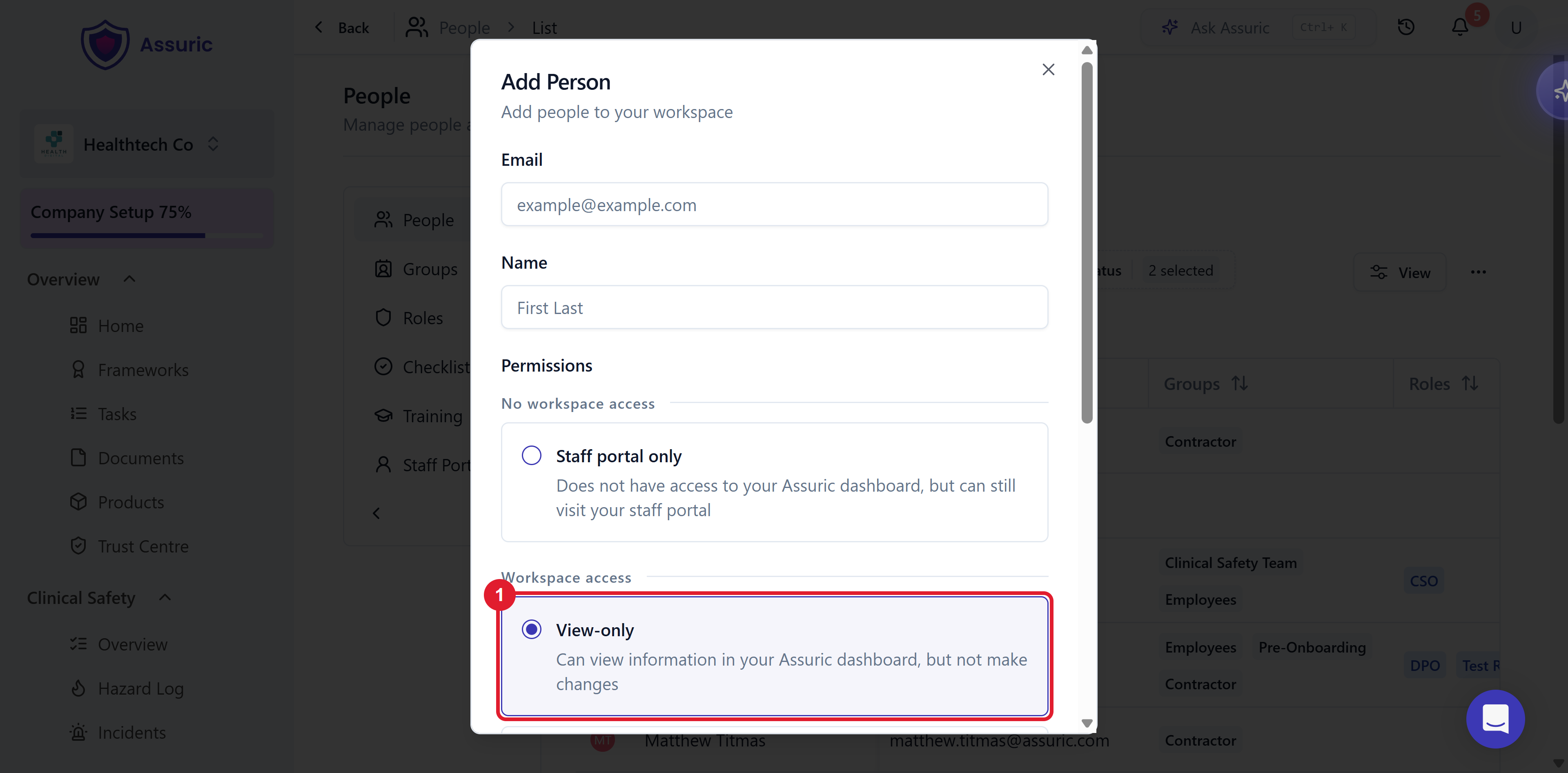 The Add Person dialog with View-only selected