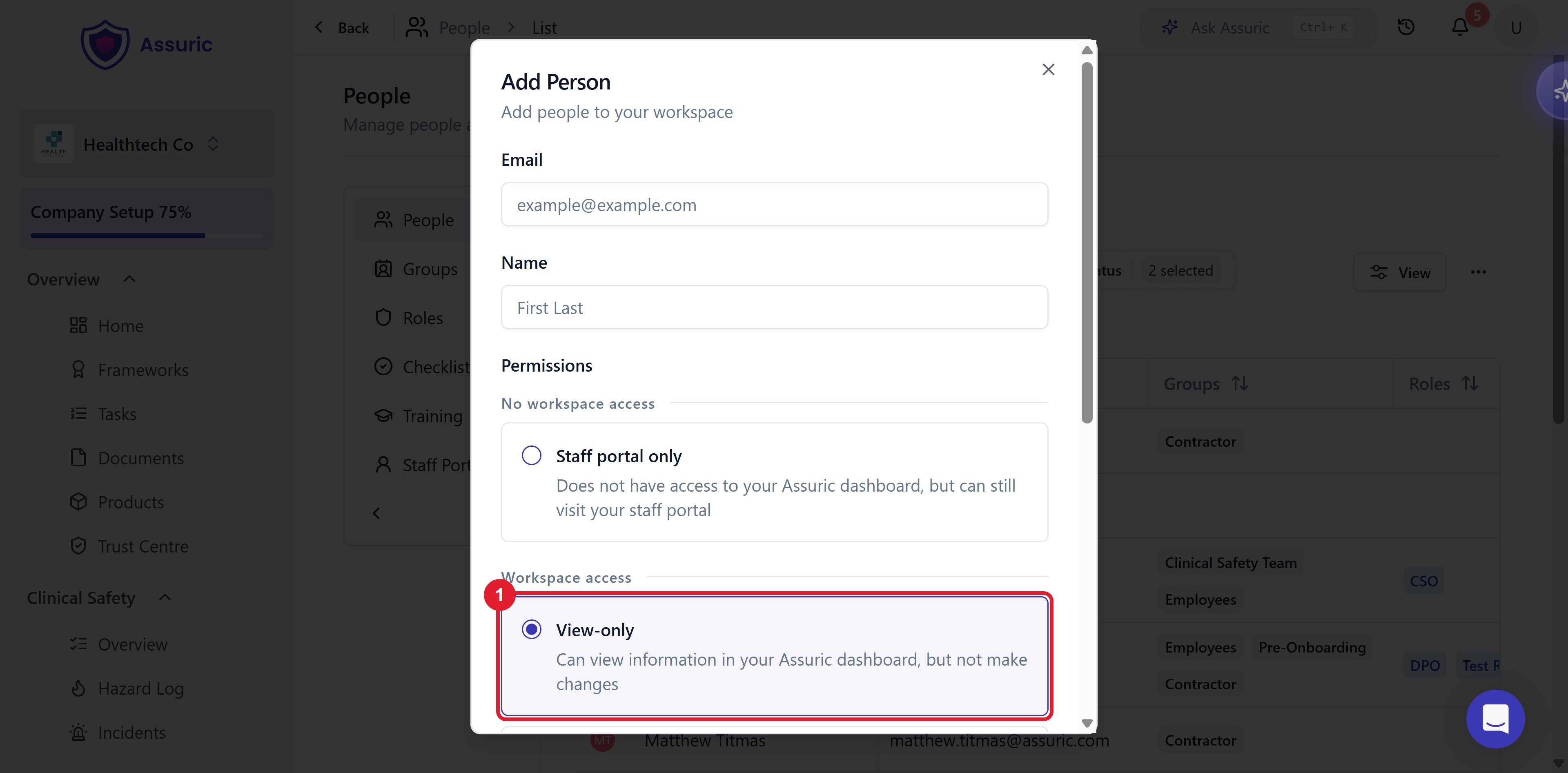 The Add Person dialog with View-only selected