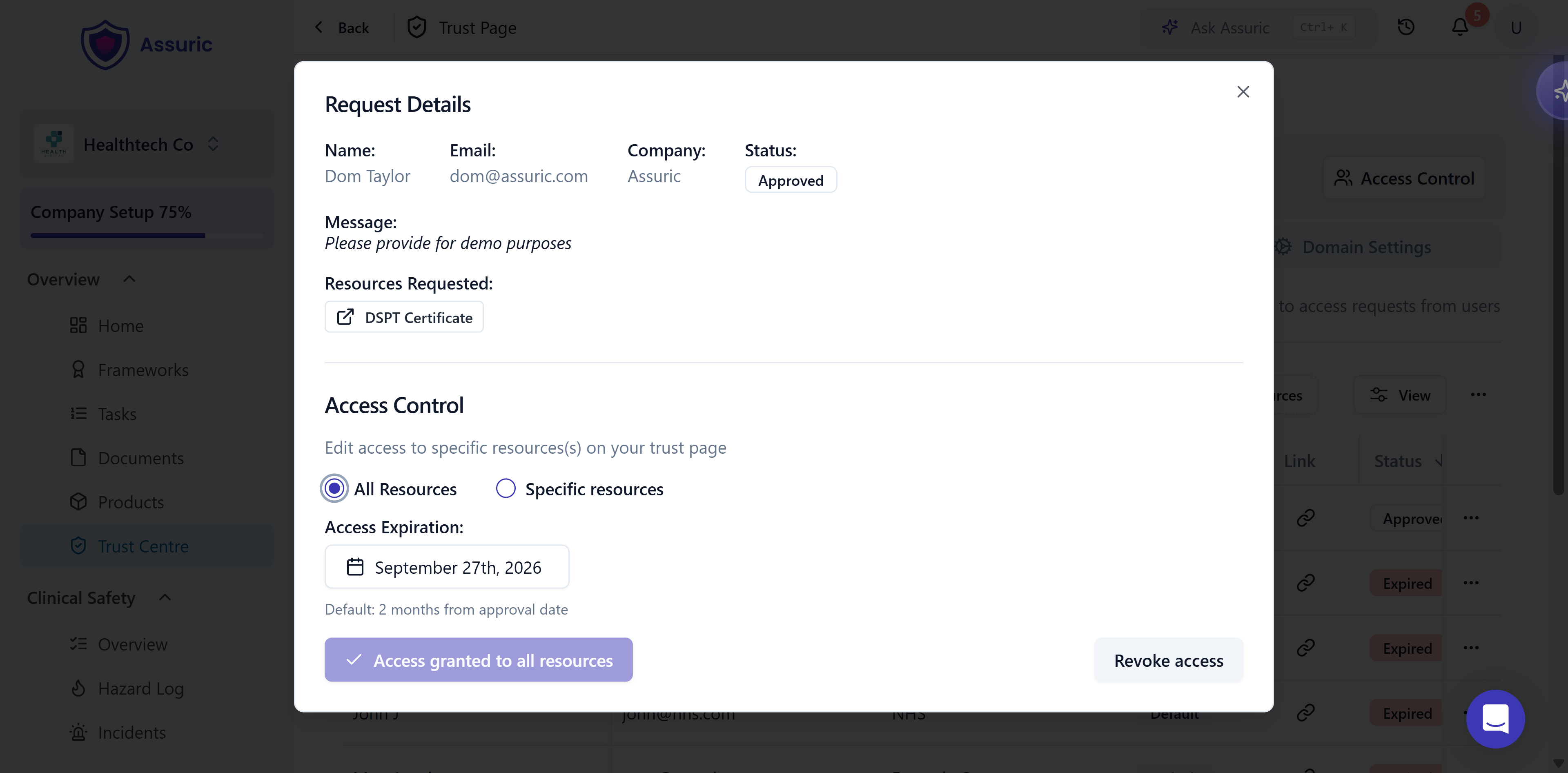 The grant access modal
