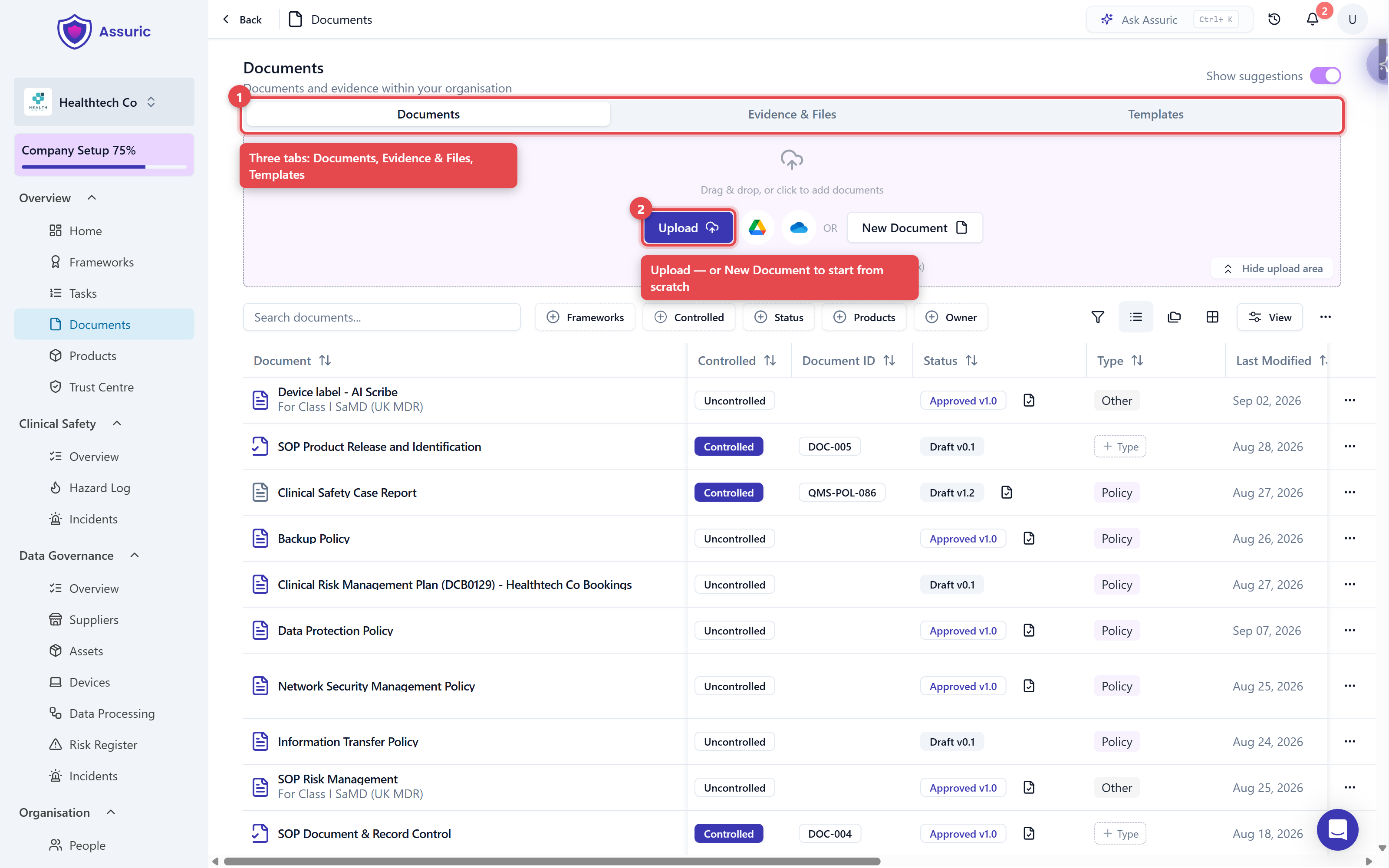 The Documents section showing its three tabs and the upload area