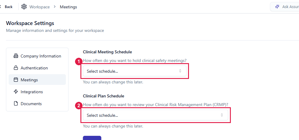 The Meetings tab under Workspace Settings, with the Clinical Meeting Schedule and Clinical Plan Schedule dropdowns numbered 1 and 2