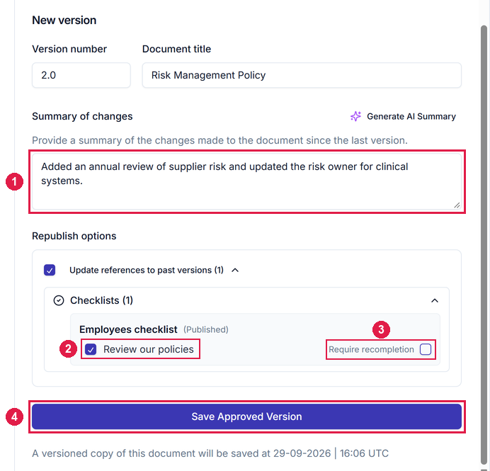 The Approve version dialog with a summary of changes, Republish options showing the Employees checklist resource, and Save Approved Version