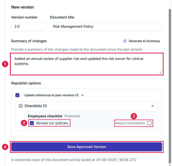 The Approve version dialog with a summary of changes, Republish options showing the Employees checklist resource, and Save Approved Version