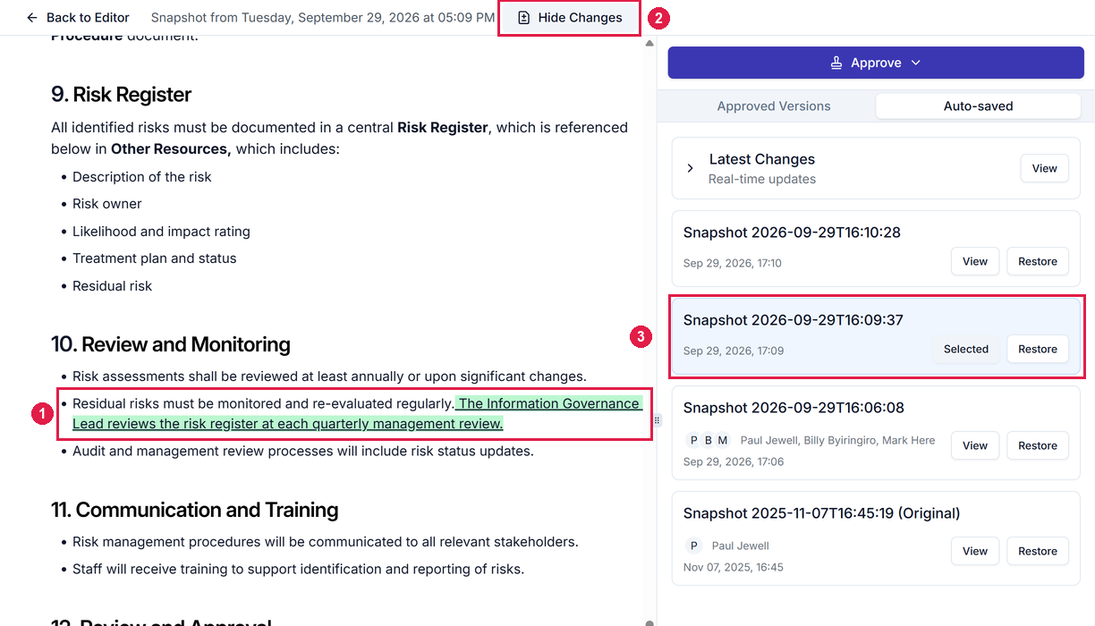 A snapshot of Risk Management Policy open beside the Auto-saved tab, with an added sentence highlighted in green