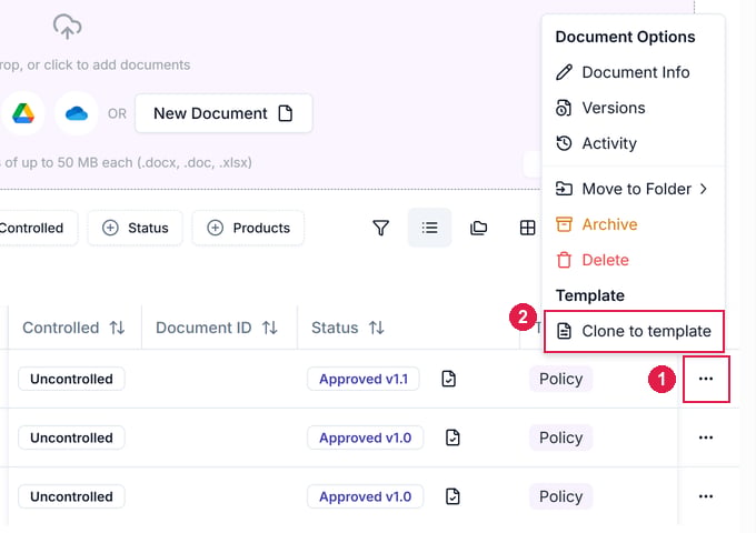 A document's ⋯ menu open on the Documents tab, with Clone to template under Template highlighted