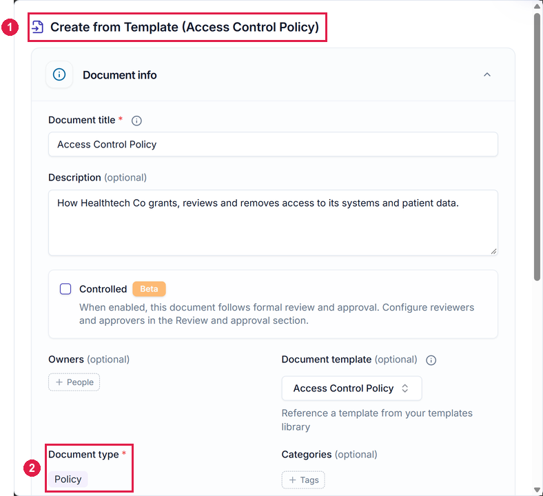 The Create from Template (Access Control Policy) dialog with the title, description and document type filled in