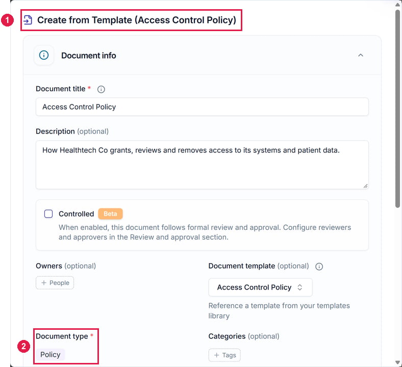 The Create from Template (Access Control Policy) dialog with the title, description and document type filled in