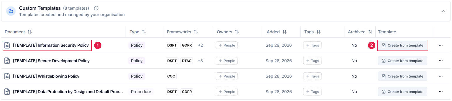 The Custom Templates group with the newly cloned Information Security Policy template at the top
