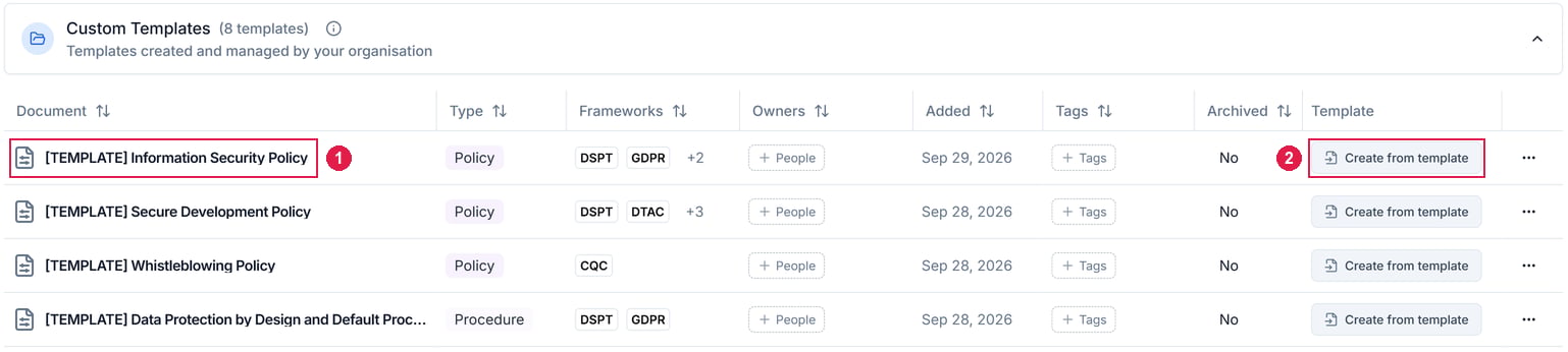 The Custom Templates group with the newly cloned Information Security Policy template at the top