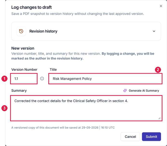The Log changes to draft dialog with Version Number, Title and Summary fields