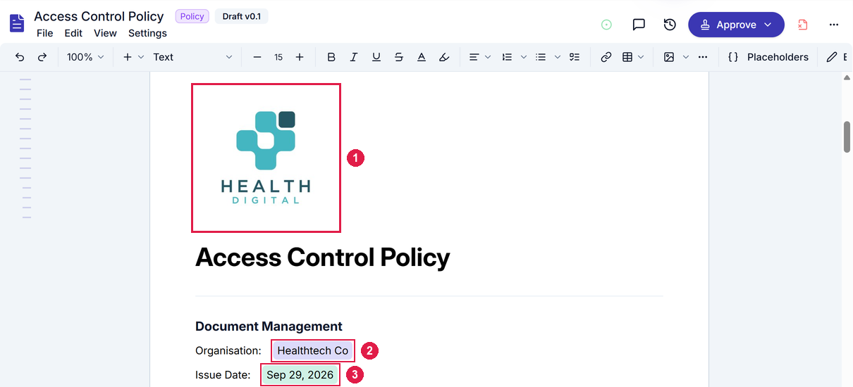The new Access Control Policy open in the editor with the company logo, organisation name and issue date filled in