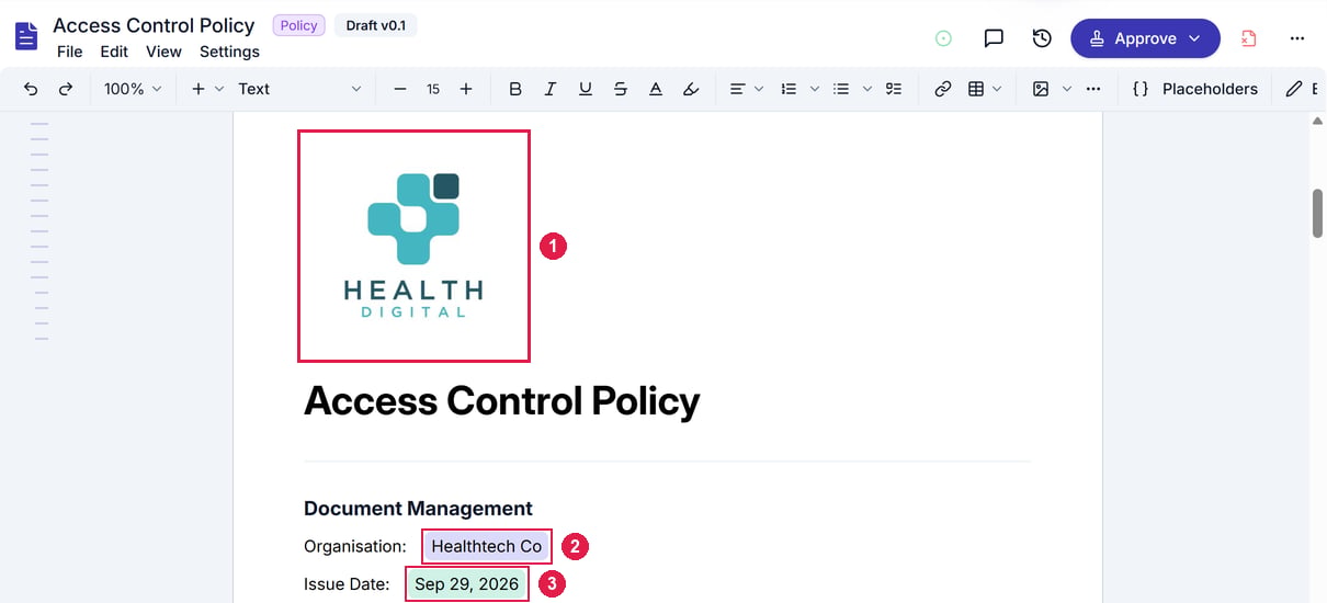 The new Access Control Policy open in the editor with the company logo, organisation name and issue date filled in
