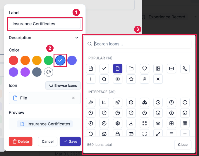 The evidence type editor with the label Insurance Certificates, blue selected and the icon library open