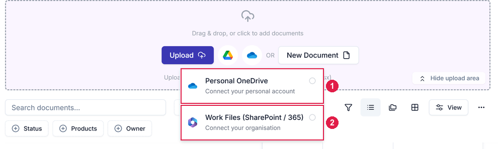 The upload area with the OneDrive menu open, showing Personal OneDrive and Work Files (SharePoint / 365)
