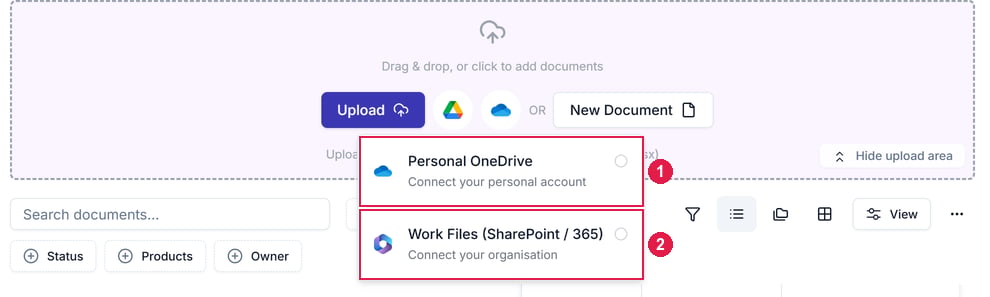 The upload area with the OneDrive menu open, showing Personal OneDrive and Work Files (SharePoint / 365)