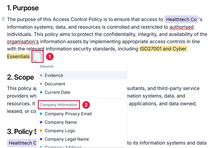 The placeholder list open below a paragraph, with General and Company Information groups