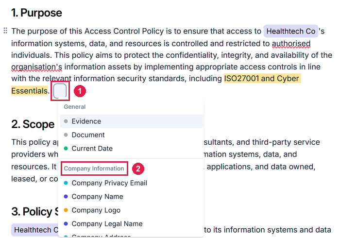 The placeholder list open below a paragraph, with General and Company Information groups