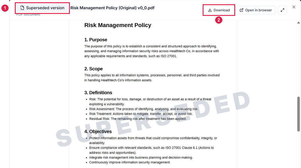 Risk Management Policy (Original) v0.0 open as a PDF, labelled Superseded version and watermarked SUPERSEDED across its Purpose, Scope and Definitions sections