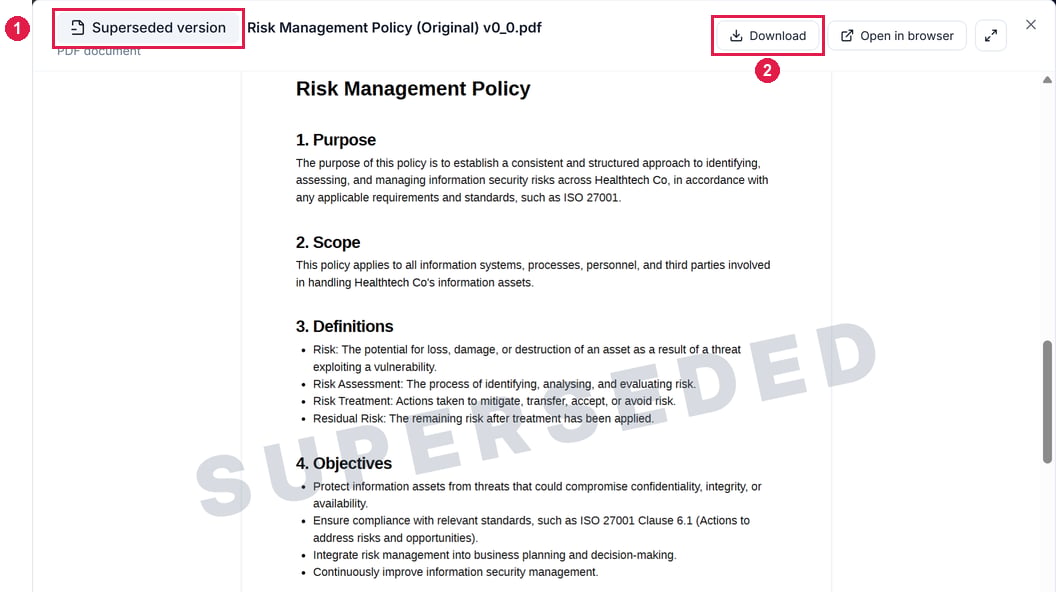 Risk Management Policy (Original) v0.0 open as a PDF, labelled Superseded version and watermarked SUPERSEDED across its Purpose, Scope and Definitions sections