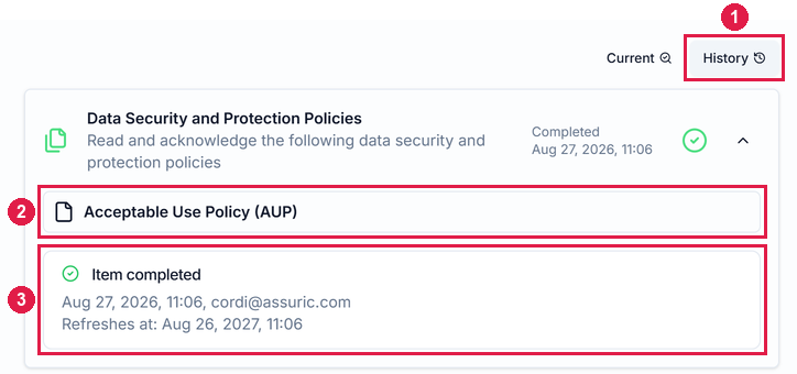 Cordi Mahony's checklist History with Data Security and Protection Policies expanded, showing the Acceptable Use Policy and when the item was completed