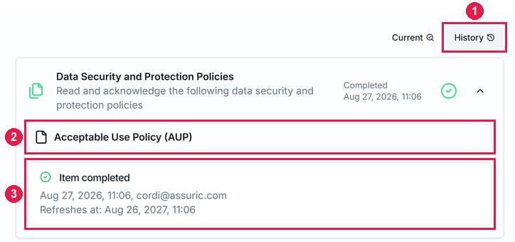 Cordi Mahony's checklist History with Data Security and Protection Policies expanded, showing the Acceptable Use Policy and when the item was completed
